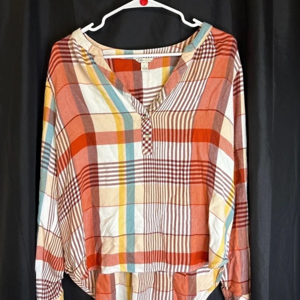 Cato Plaid Henley Tunic in Rust, Cream & Soft Blue